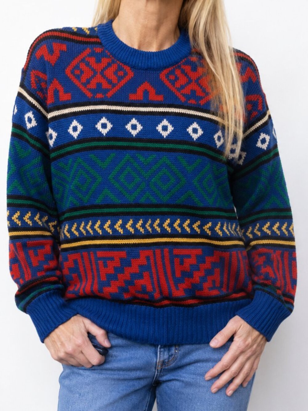 Vintage 90s Nordic Geometric Ski Sweater Blue Colorful Cabin Grandpa Knit S